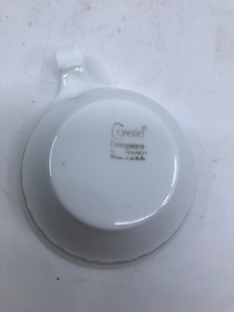 6 CORELLE GREEN FLOWER CUPS W/ CURVED HANDLE.