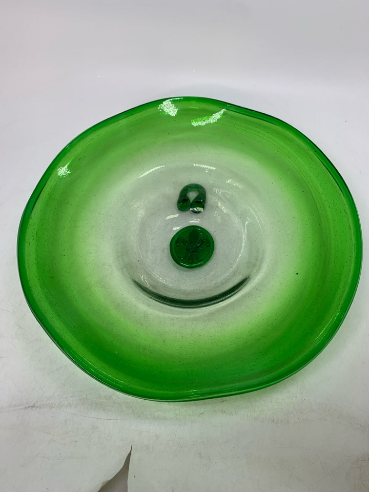 HEAVY BLOWN GLASS WALL HANGING BOWL W/ FLEUR-DE-LIS SYMBOL IN CENTER.