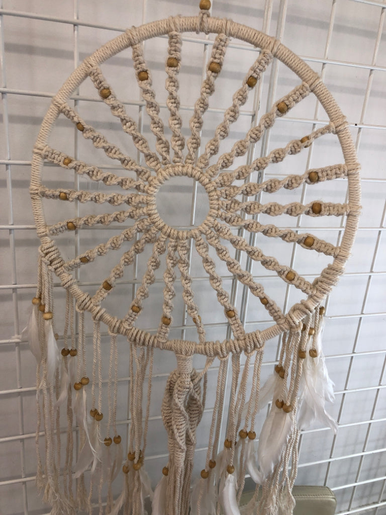 WHITE DREAM CATCHER W/ FEATHERS & BEADS.