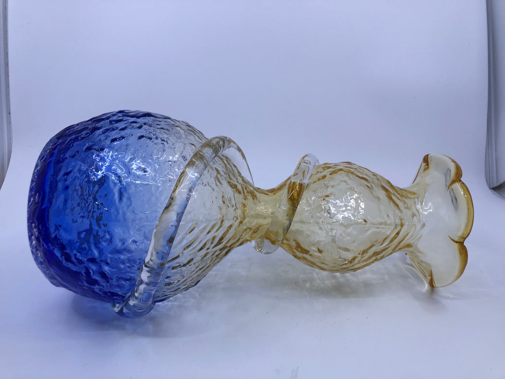 YELLOW BLOWN GLASS ABSTRACT VASE W/BLUE BOTTOM.
