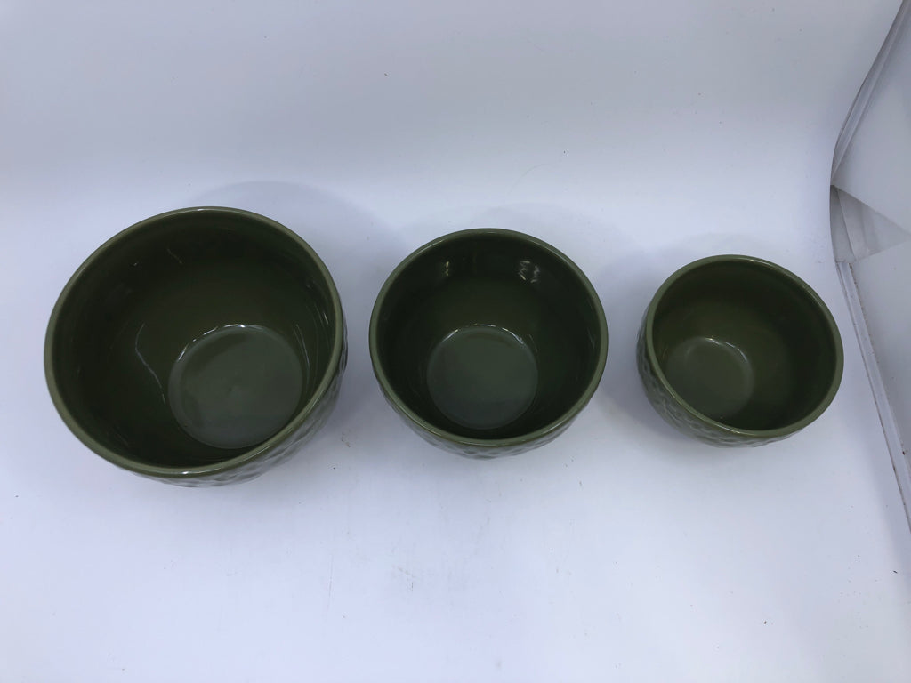 3 NESTING GREEN BOWLS W/ EMBOSSED FRUIT.