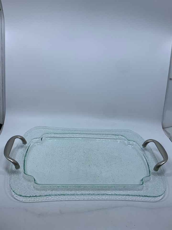 CLEAR TEXTURED GLASS TRAY W/SILVER HANDLES.