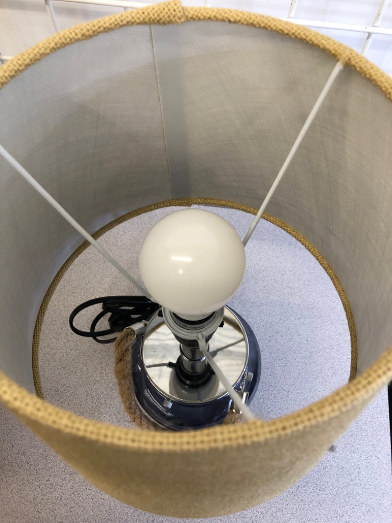 BLUE GLASS LAMP W/ROPE & BURLAP STYLE SHADE.