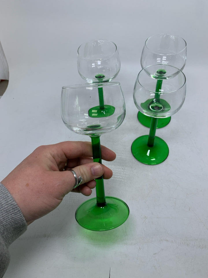 4 GREEN LONG STEM SMALL WINE GLASSES.
