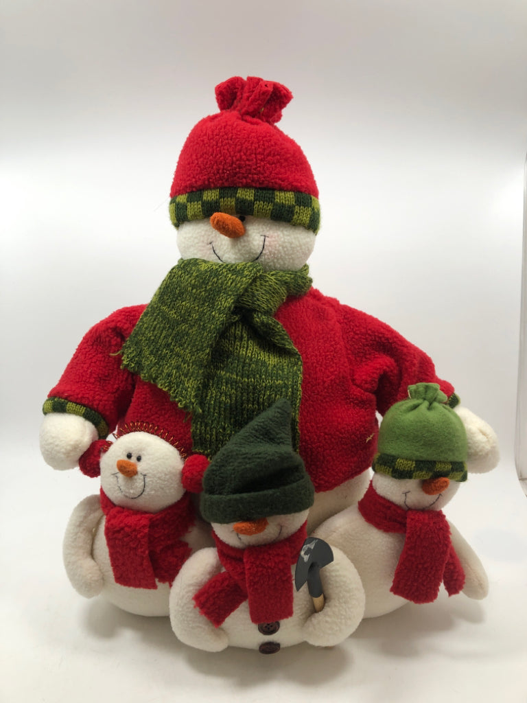 SNOWMAN IN RED SWEATER W/THREE SMALLER SNOWMAN.