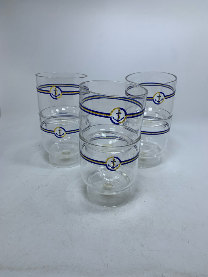 6 VTG MELAMINE CUPS W/ BLUE/YELLOW ANCHOR GUZZINI.