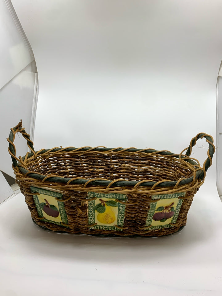 OVAL WICKER BASKET W/FRUIT TILES.