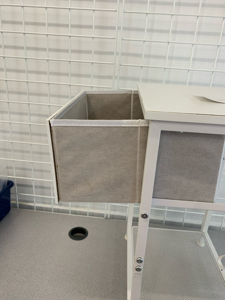 WHITE METAL FRAME NIGHTSTAND W/FABRIC DRAWER POWER OUTLET.