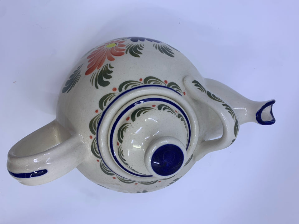 BLUE AND PINK FLORAL TEAPOT WITH EXTRA HANDLE.