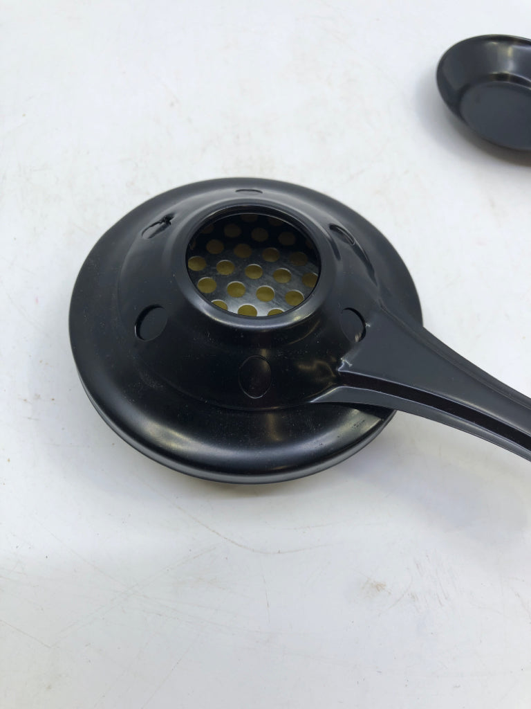 DARK BLUE POTTERY FONDUE SET + FORKS.