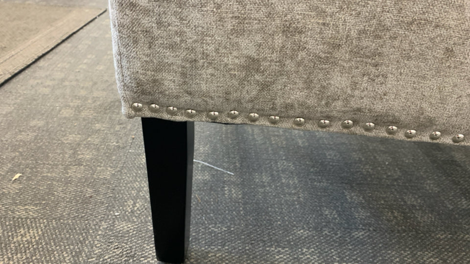 2 UPHOLSTERED GRAY CHAIRS W/NAILHEAD DETAIL.