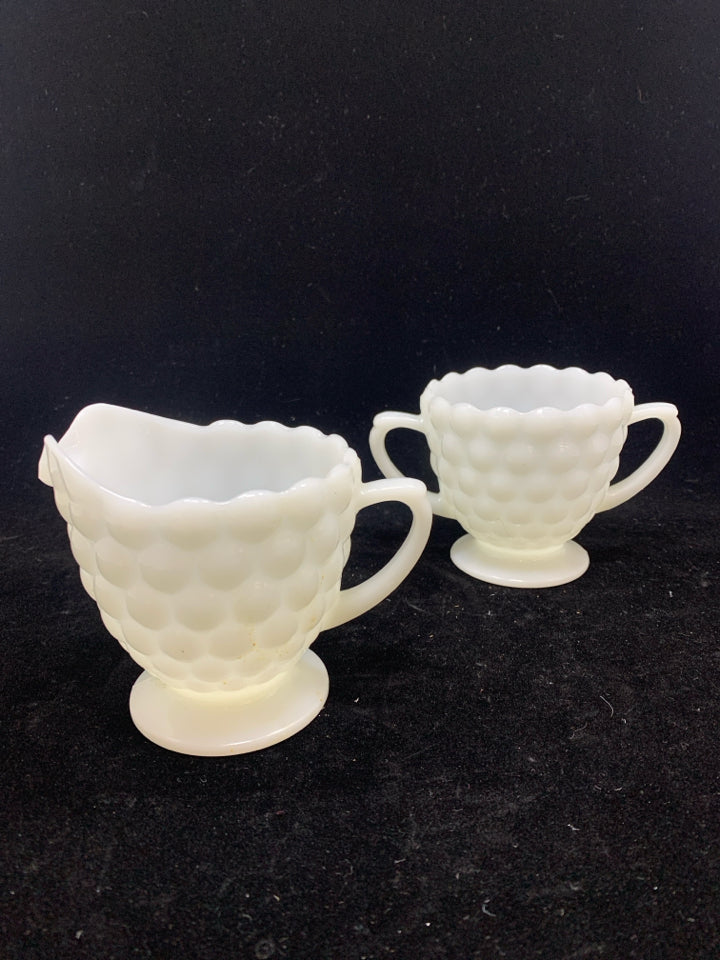 2PC VTG BUBBLE MILK GLASS SUGAR/CREAMER SET.