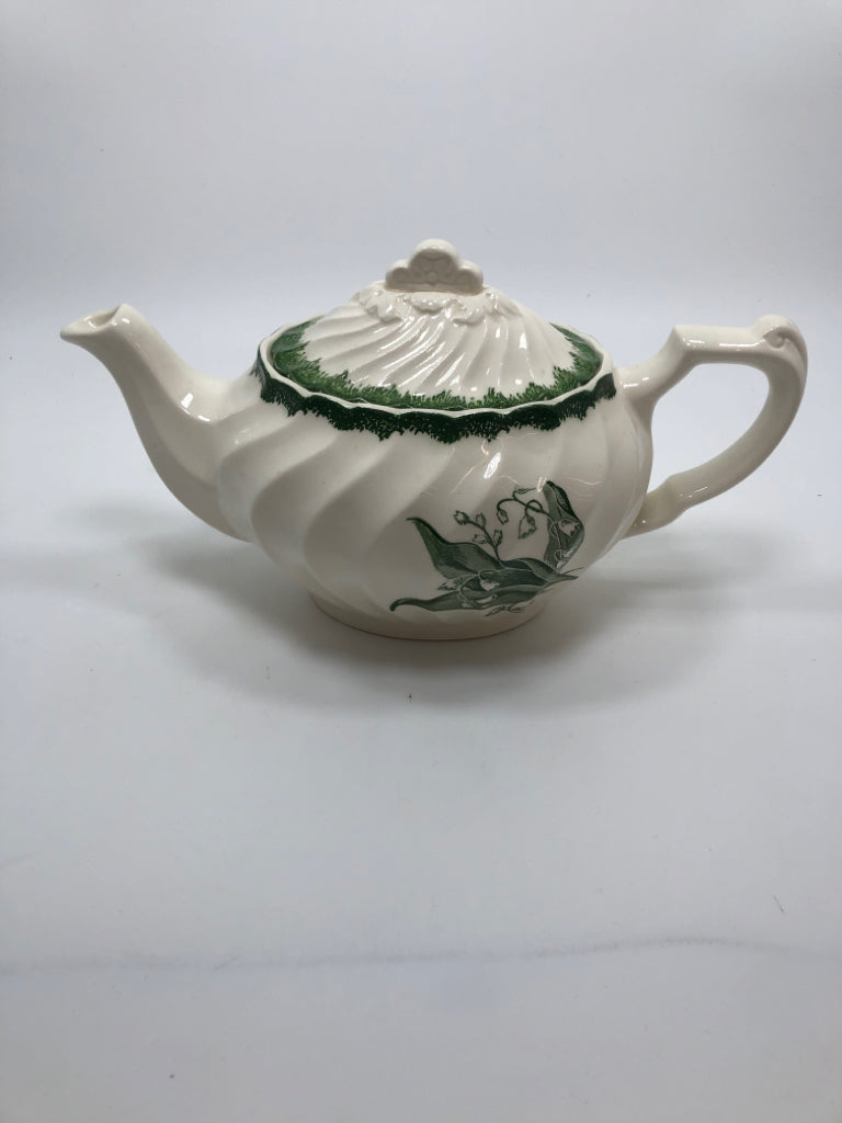 VTG LILY OF THE VALLEY TEAPOT W/GREEN EDGE.