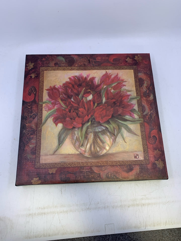 MAROON FLOWERS IN VASE CANVAS WALL ART.