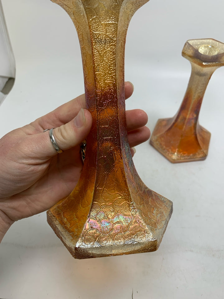 2 FOOTED MARIGOLD TEXTURED GLASS TAPERED CANDLE HOLDERS.
