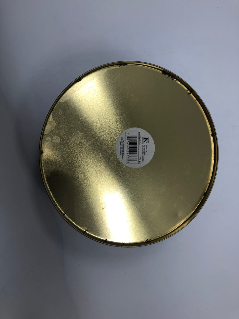 ROUND BLUE TIN SNOWMAN "LET IT SNOW".