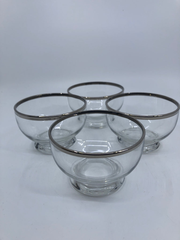 4 DESSERT GLASSES W SILVER RIM.