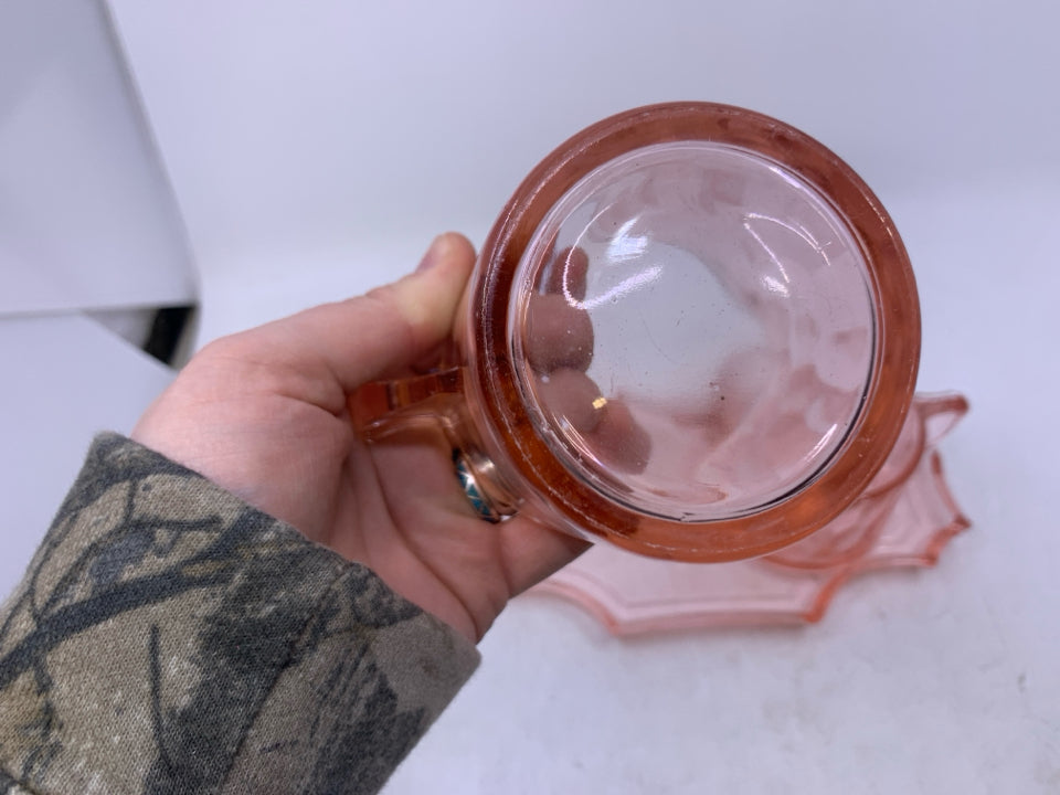 VTG 3 PC PINK GLASS W/ ETCHED FLOWERS.