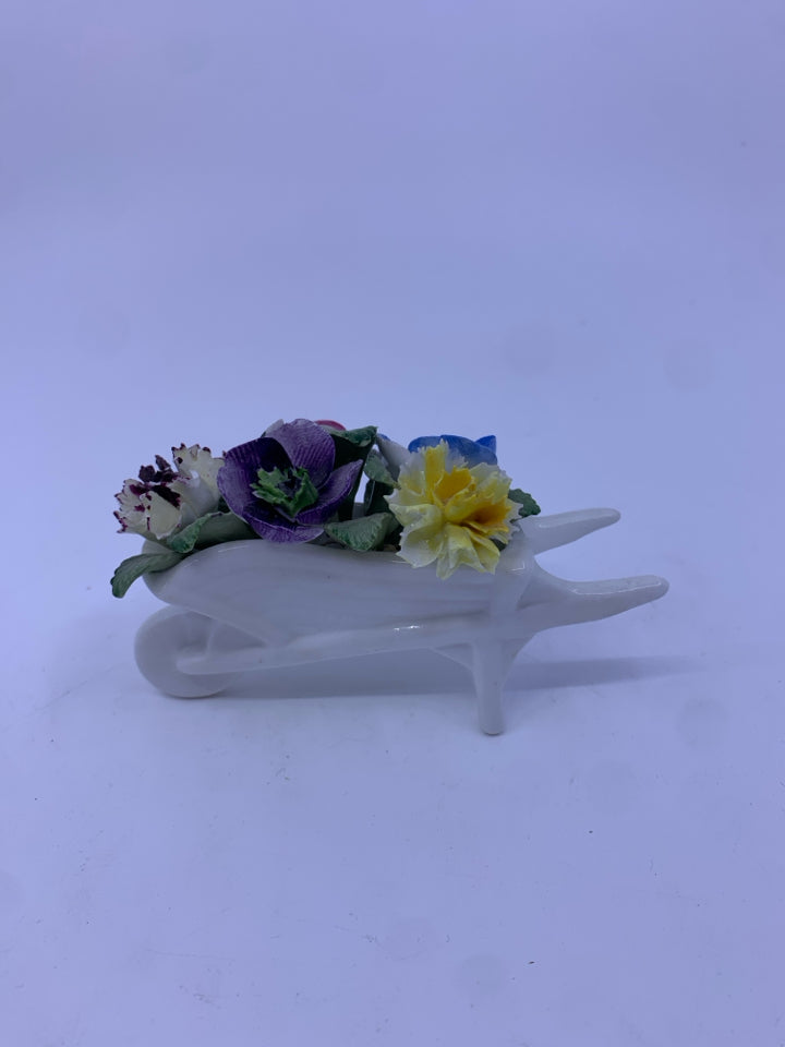BONE CHINA MINI FLOWER BOUQUET IN WHITE WHEEL BARROW HEALACRAFT.