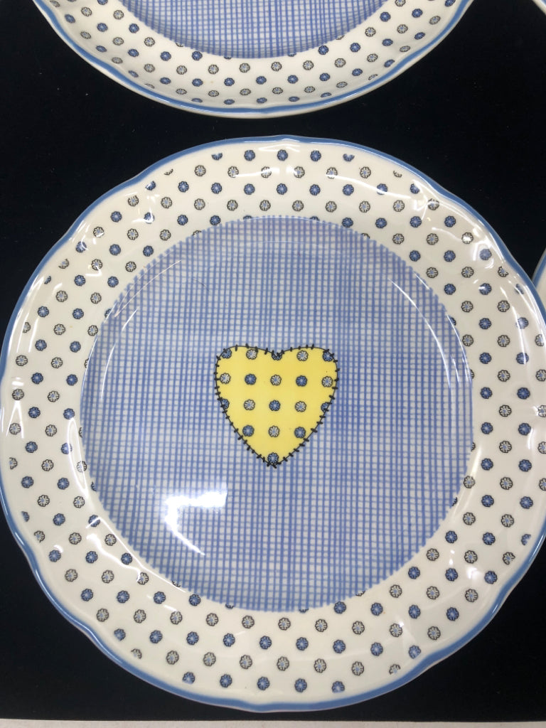6 WHITE BLUE PATCHWORK HEART SALAD PLATES.
