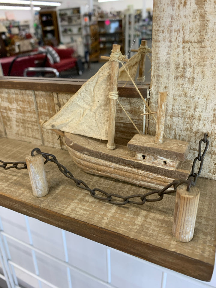 WOODEN LIGHTHOUSE BEACH SCENE MIRROR W/HOOKS.