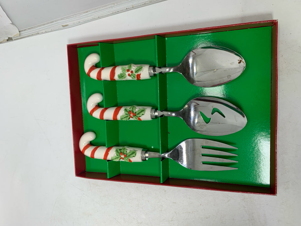 VTG IN BOX 3 PC CERAMIC CANDY CANE HANDLES HOSTESS SET.