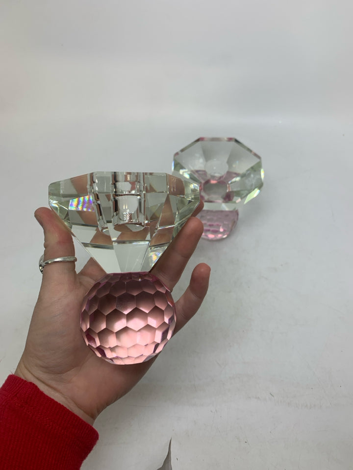2 HEAVY OCTAGON GLASS TAPERED CANDLE W/ PINK BASE.