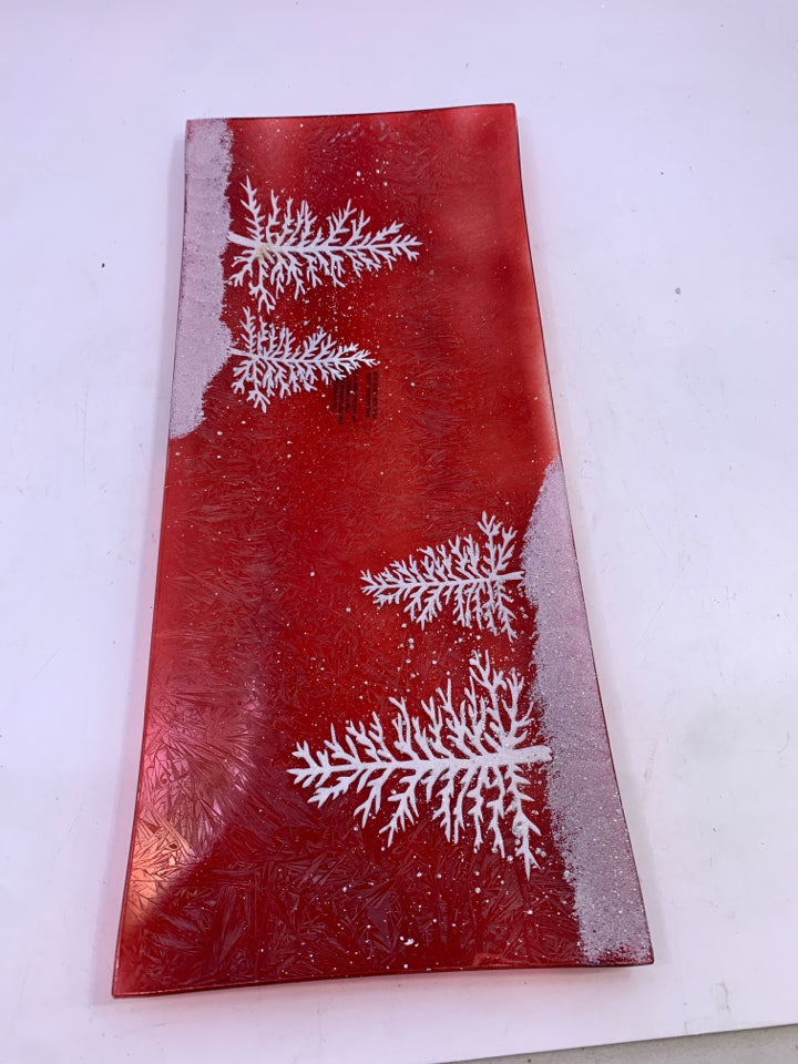RECTANGLE RED GLASS WHITE GLITTER TREES PLATTER.