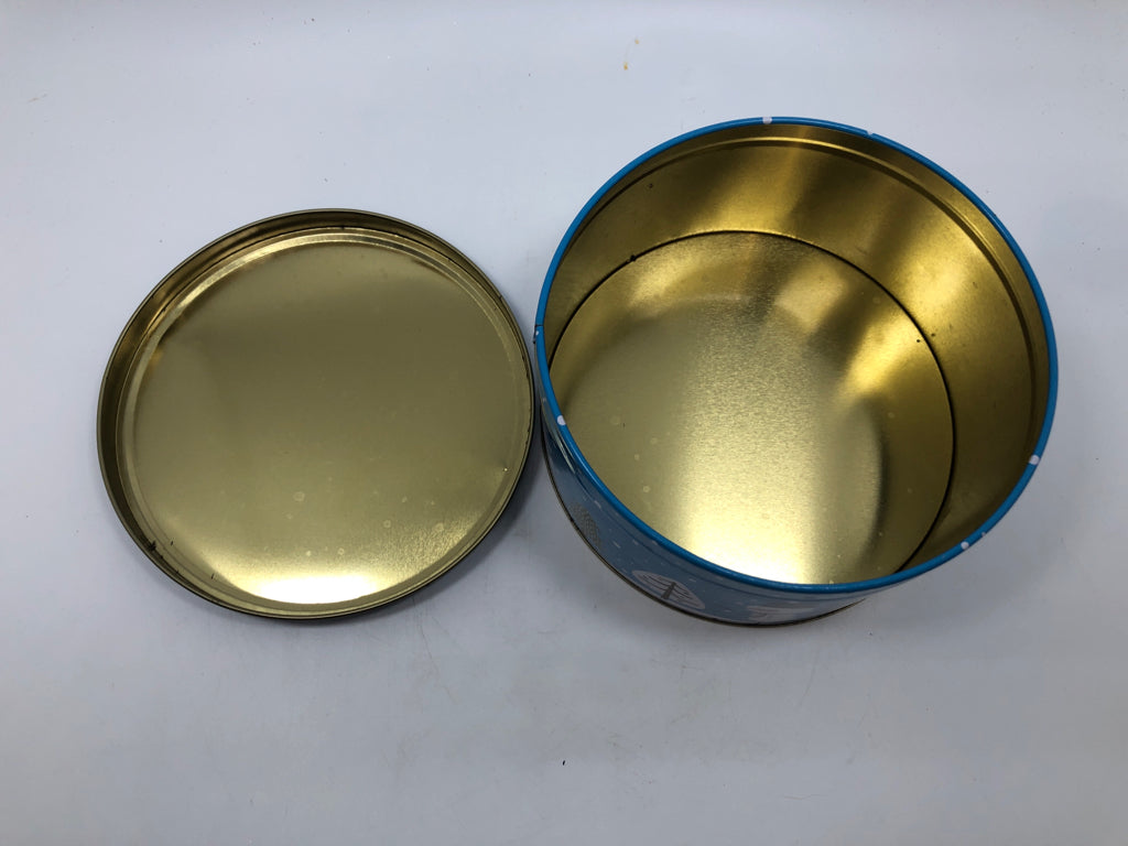 ROUND BLUE TIN SNOWMAN "LET IT SNOW".