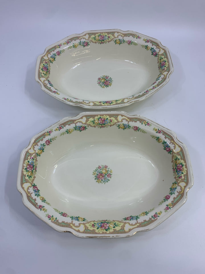 2 OVAL GOLD RIMMED SERVING BOWL W/FLORAL PATTERN.