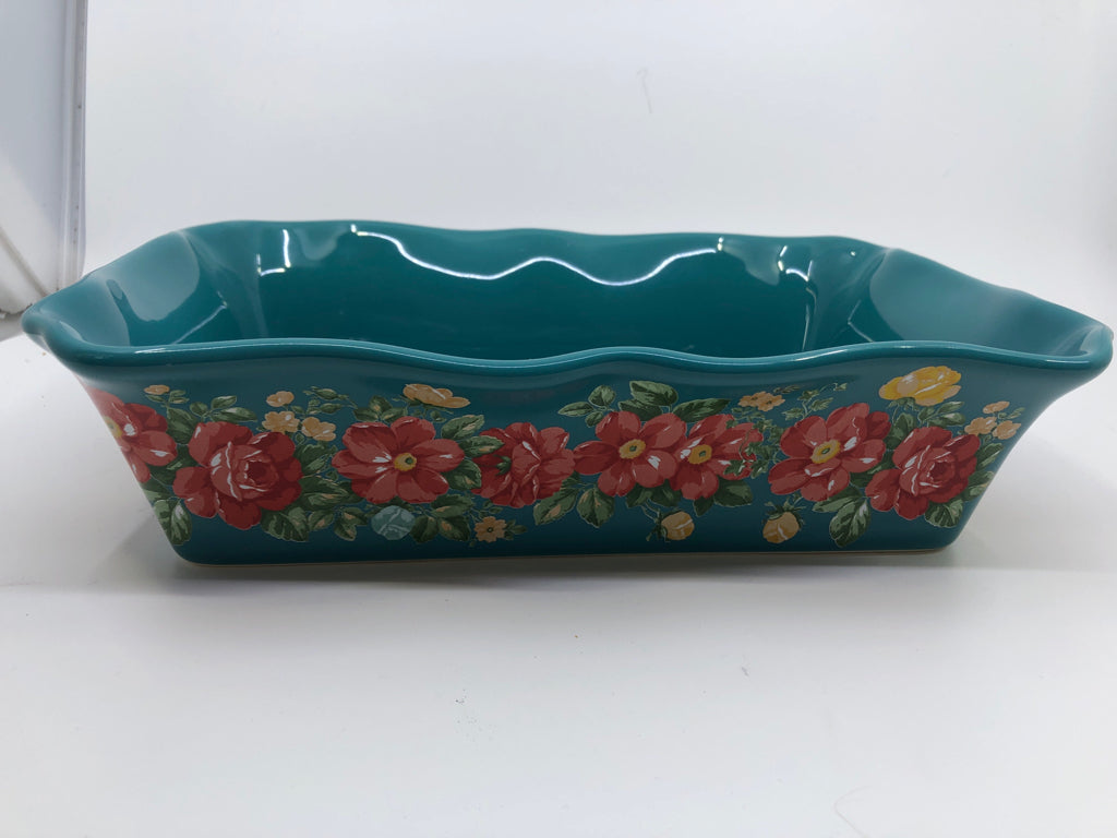 TEAL W RED FLORAL CASSEROLE DISH.