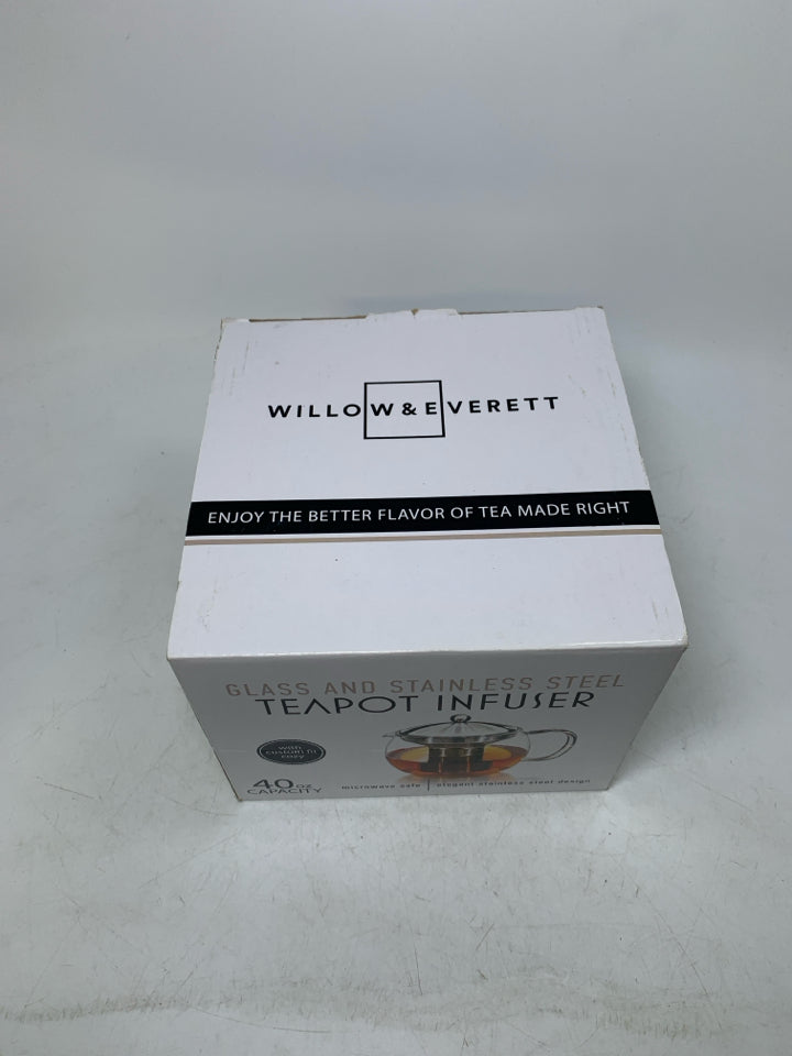 NIB GLASS TEAPOT INFUSER WILLOW & EVERETT.