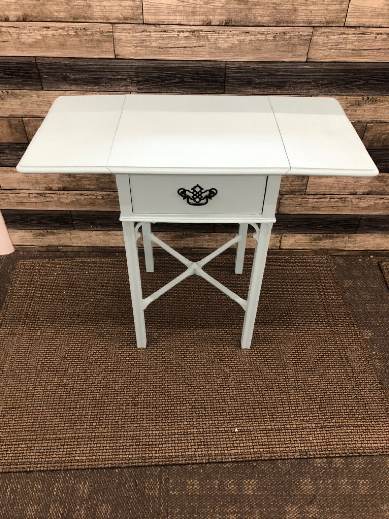 TEAL PAINTED DROP SIDE END TABLE W/DRAWER.
