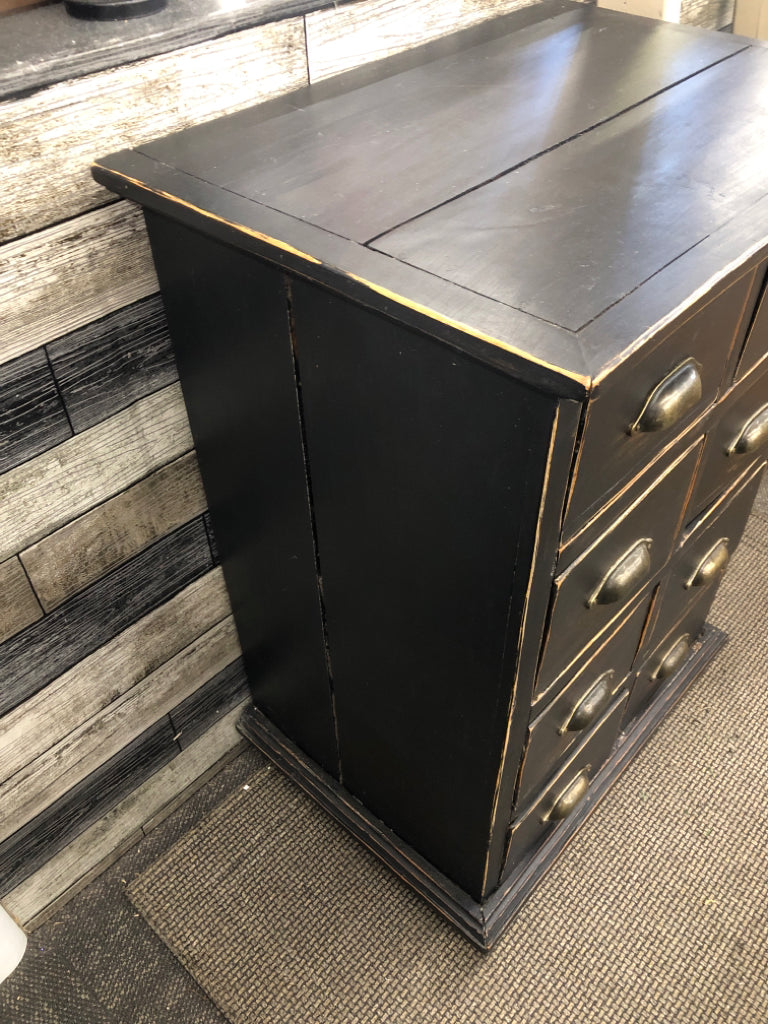 BLACK DISTRESSED CABINET W8 DRAWERS.