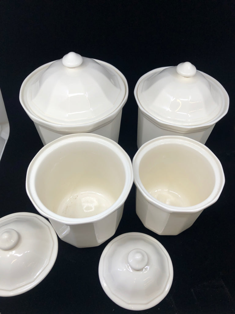 4 WHITE CANISTERS W/LIDS.