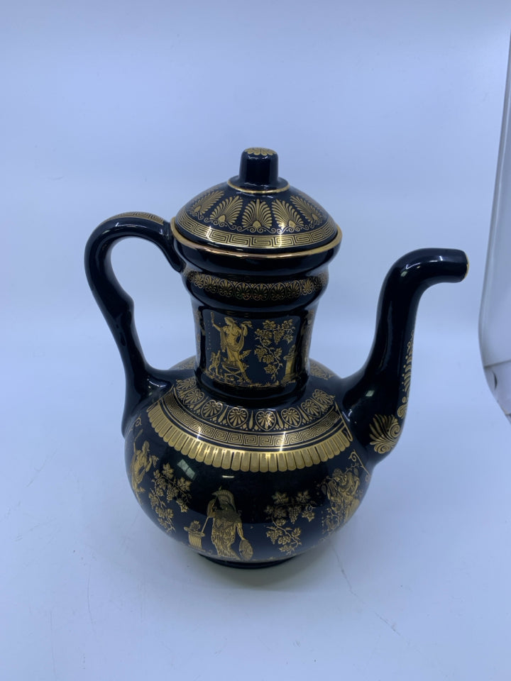 VTG BLACK/ 24K GOLD GREEK MYTHOLOGY PATTERN COFFEE POT.