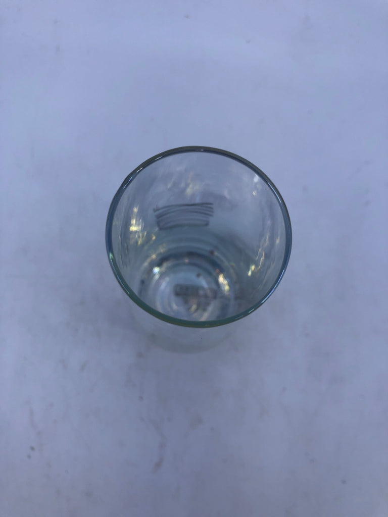 2 IRIDESCENT TOAST/CLINK RAE DUNN CHAMPAGNE STEMLESS FLUTES.