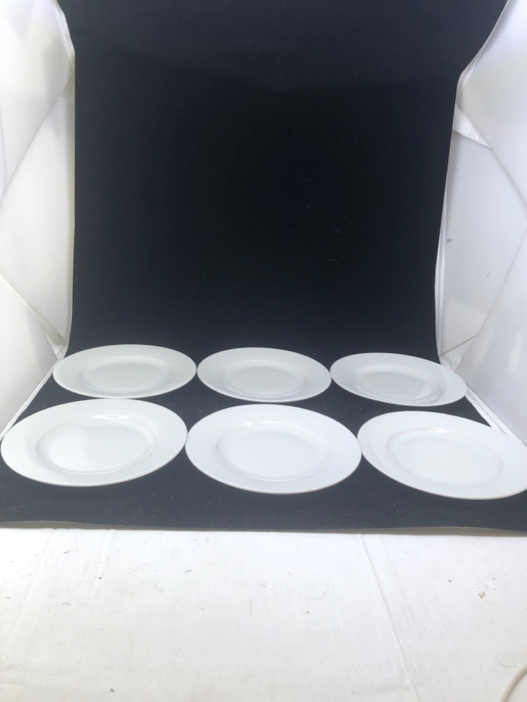 6 WHITE SNACK PLATES.