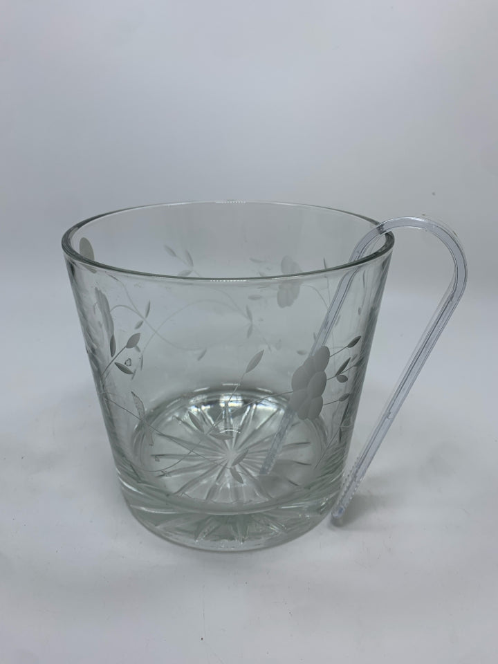 ETCHED GLASS ICE BUCKET W/TONGS- HERITAGE.
