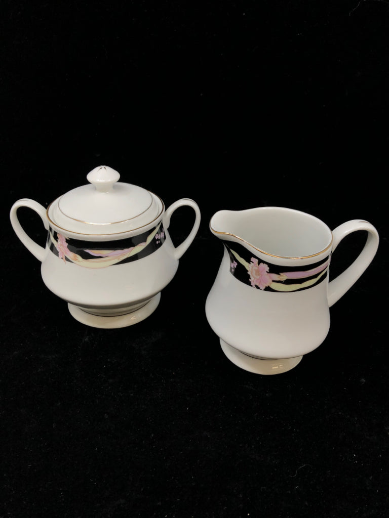 VTG SUGAR CREAMER CHINA PEARL PINK/BLACK FLORAL.