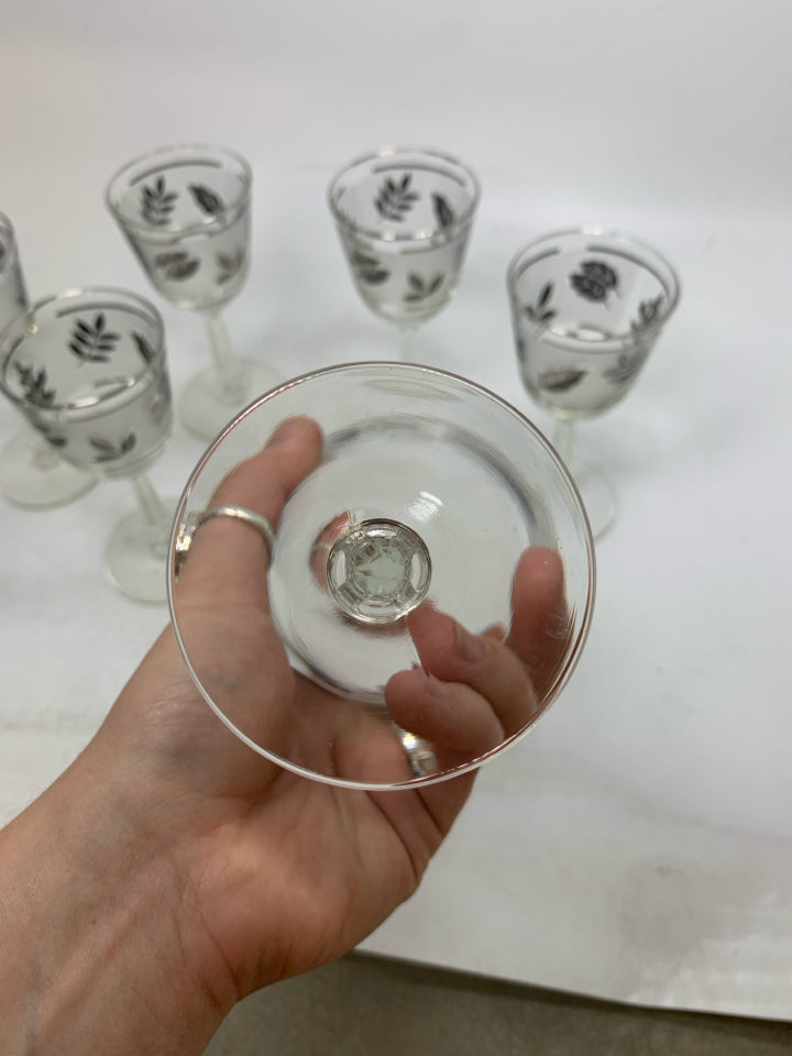 6 CORDIAL FROSTED GLASSES W/ SILVER LEAVES.