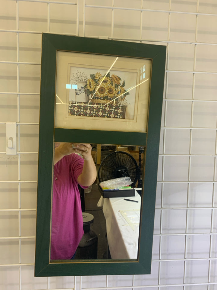 GREEN WOOD MIRROR W/ SUNFLOWERS IN BASKET WALL HANGING.