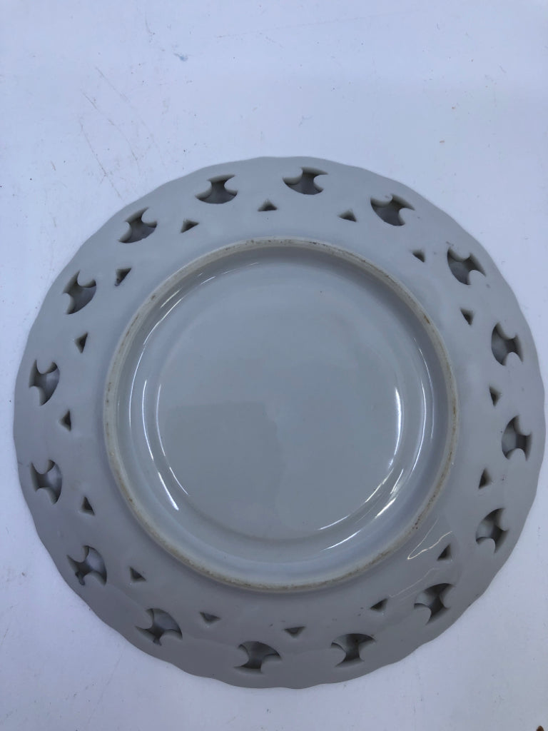 VTG LIGHT BLUE LACE PATTERN TEACUP AND SAUCER W GOLD ACCENTS.