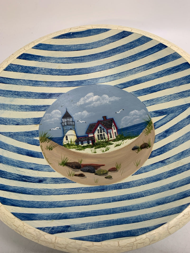 FOOTED WOOD BOWL W/ PAINTED LIGHT HOUSE BEACH SCENE SIGNED BY ARTIST.