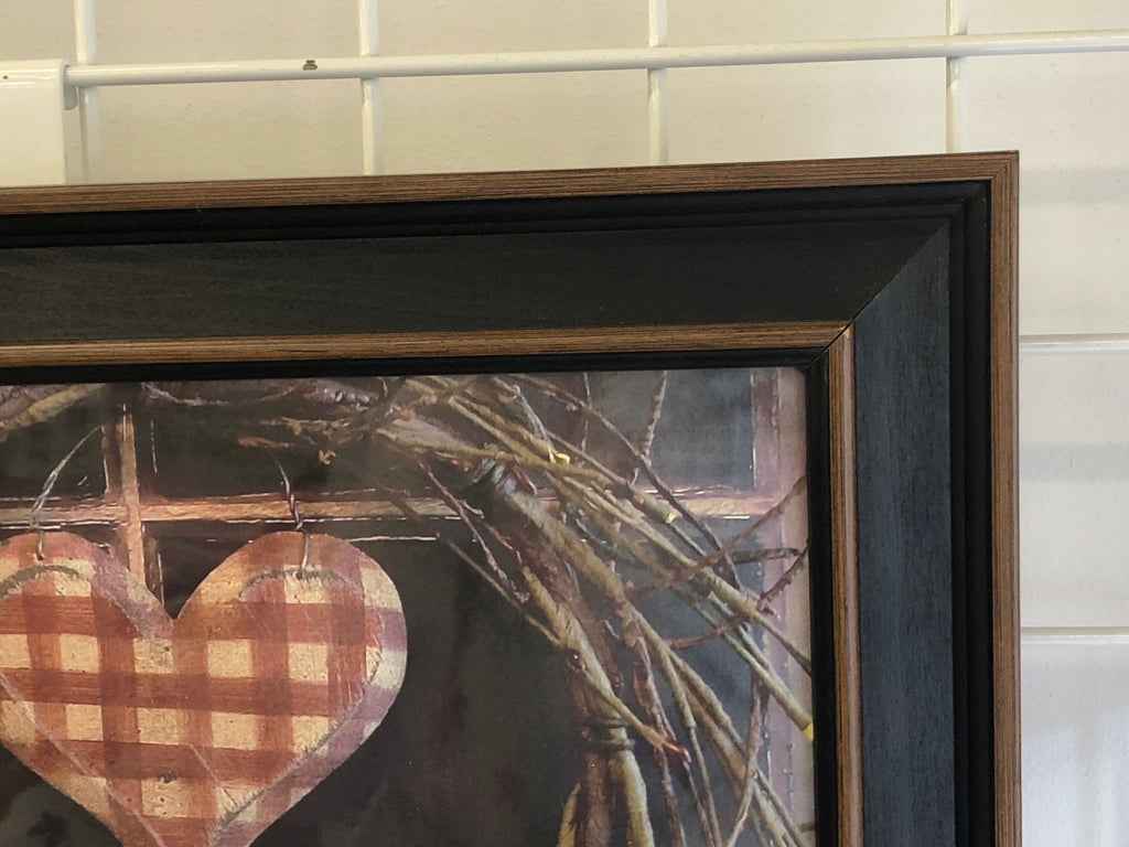 HOME IS WHERE THE HEART IS PRIMITIVE PHOTO IN DK WOOD FRAME.