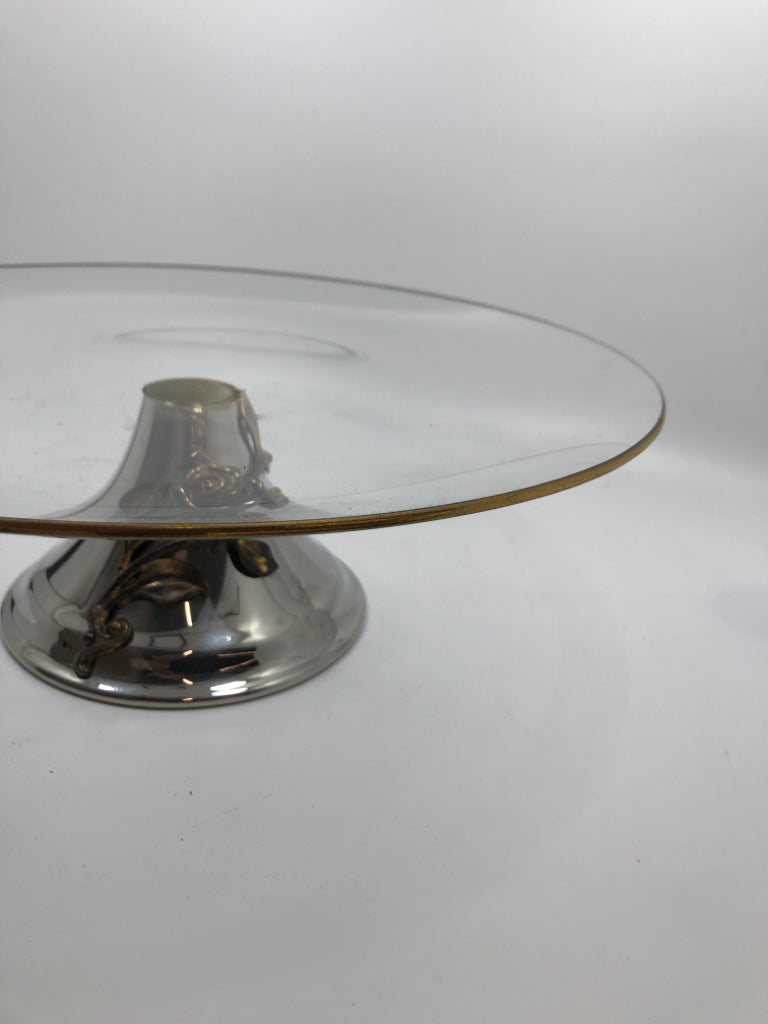 GLASS CAKE STAND W/SILVER ROSE PEDESTAL BASE.