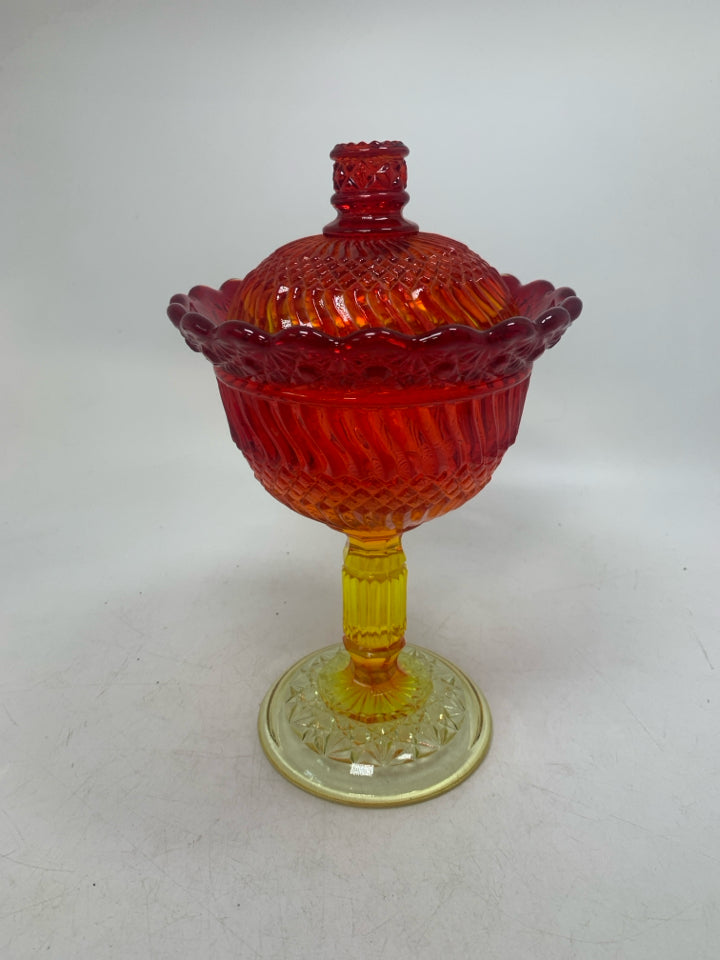 VTG LONG STEM FOOTED AMBERINA COVERED CANDY DISH.