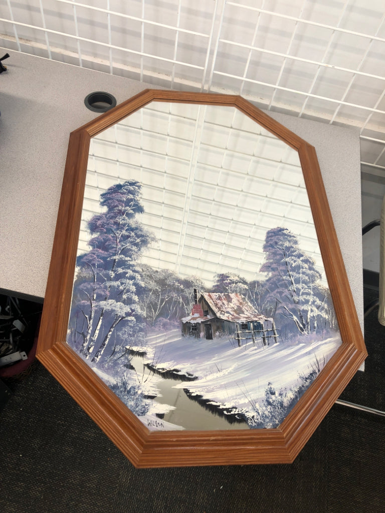 WINTER CABIN SCENE PAINTED OVAL WALL MIRROR.