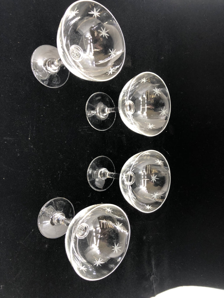 4PC SM CLEAR GLASS COUPE GOBLETS W/ETCHED STAR DESIGN.