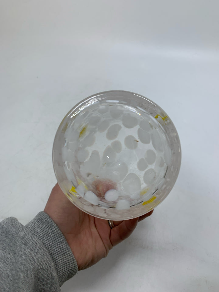 BLOWN GLASS WHITE SPECKLED VASE W/ EMBOSSED LEMONS.